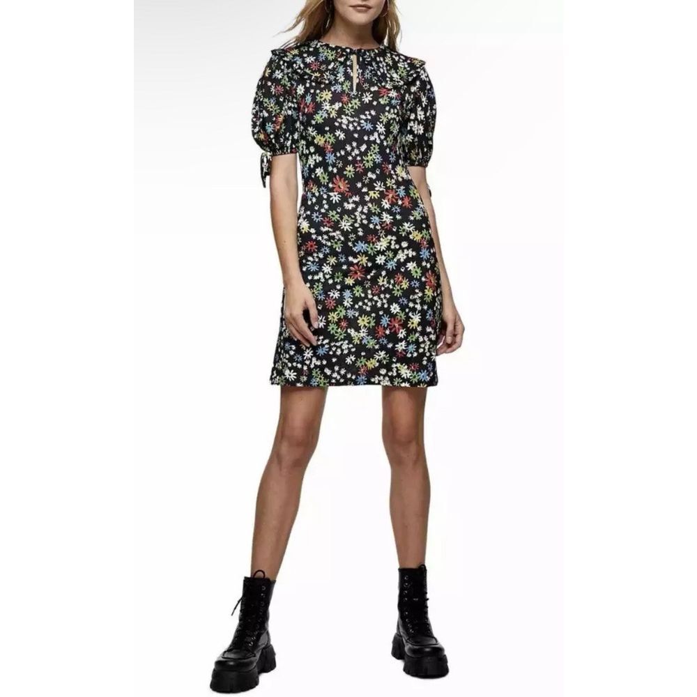 Topshop Collared Tie Puff Micro Floral Mini Dress Black Skater Keyhole Retro EUC
